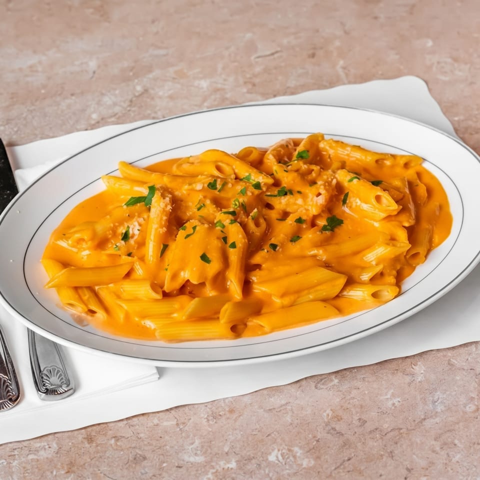 Penne pasta in a creamy orange sauce, garnished with parsley and parmesan cheese.